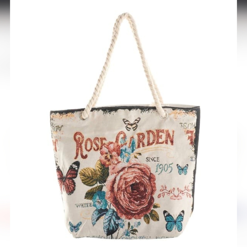 Embroidered Rose Garden 🌹 Design Zip Top Tote W/ Rope Handles NWT